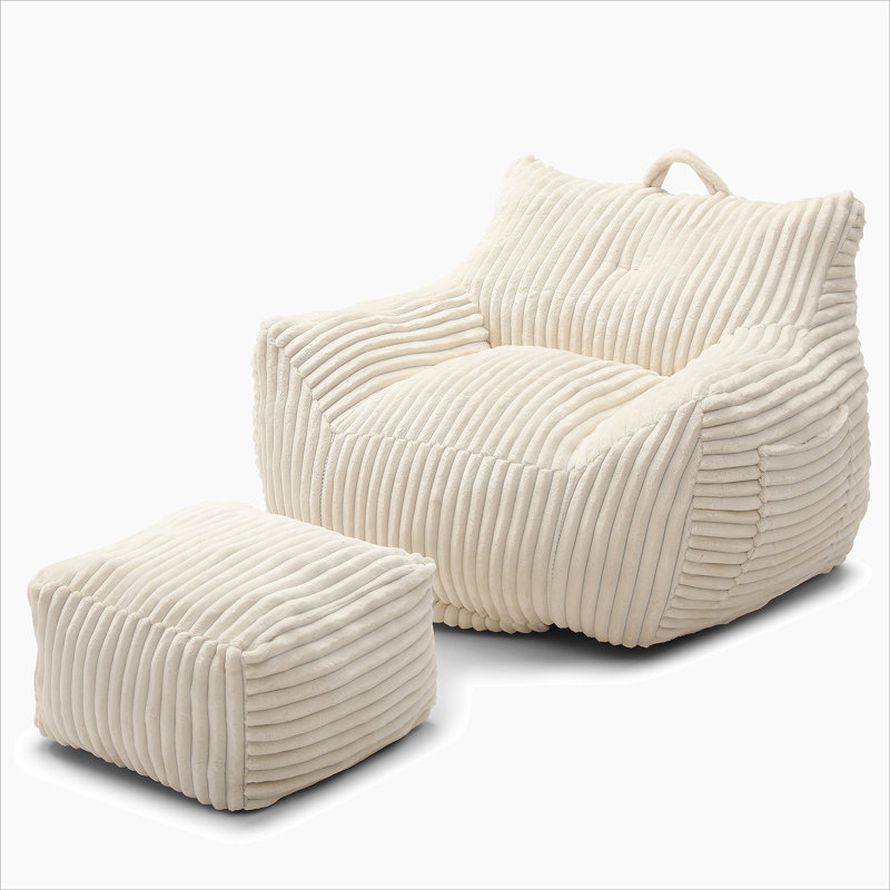 Corduroy Bean Bag Chair With Ottoman,Comfy Foam Large Lazy Sofa, Beige