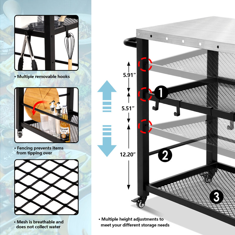 Table de chariot de cuisine extérieure en acier inoxydable à 3 tablettes Dionisia