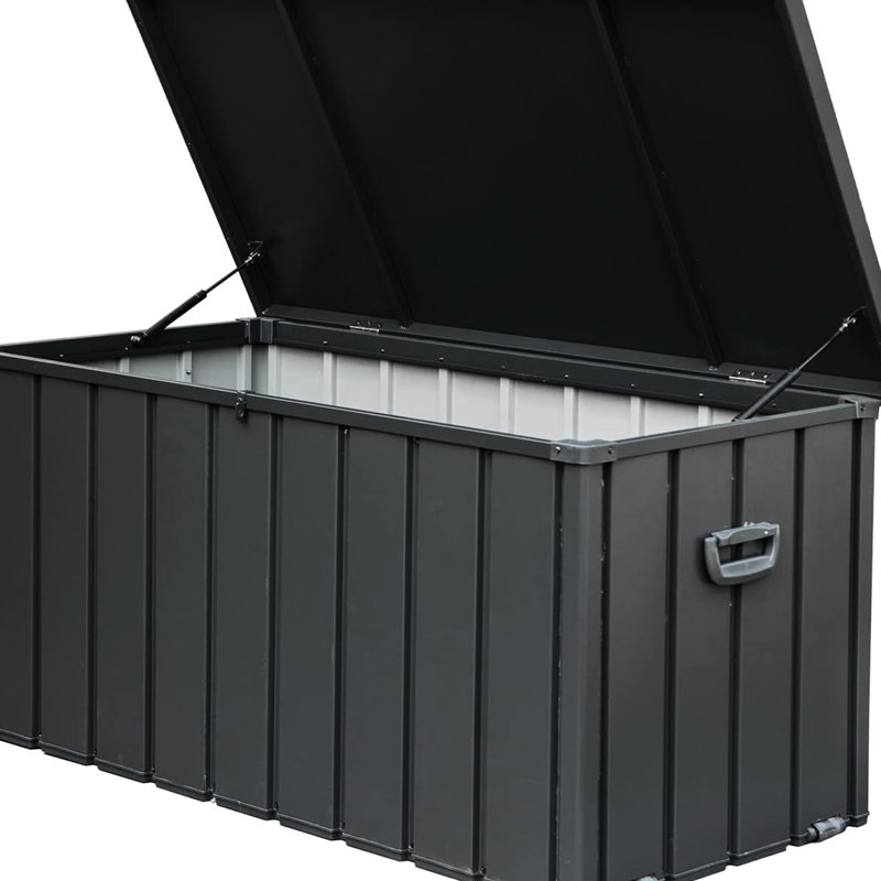 Bac de rangement de terrasse de 605 litres (160 gallons) - Imperméable, verrouillable, gris foncé, pour outils de jardin et coussins.