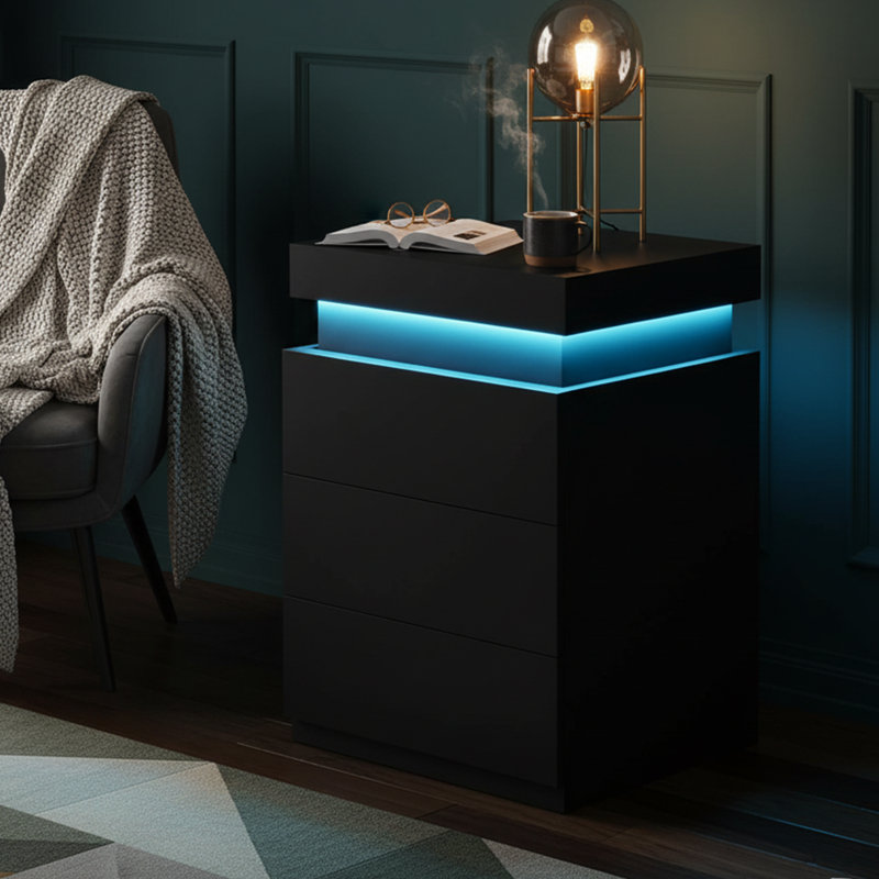 26.8'' H Black Nightstand With Charging Station - LED Lights, Sliding Top Drawer, Black