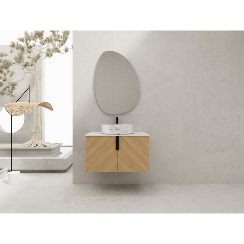 Meuble-lavabo mural avec lavabo d'art en céramique et dalle de pierre artificielle, portes à fermeture en douceur, fabrication en contreplaqué pour un rangement facile et un style moderne
