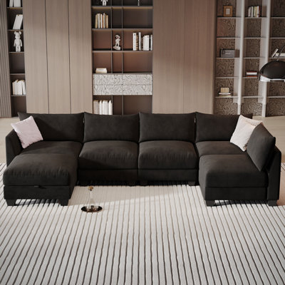 Amold 124'' Sectional Sofa, 6-Seater L-shaped Modular Sofa, Living Room Comfortable Cloud Couch With Ottoman Storage