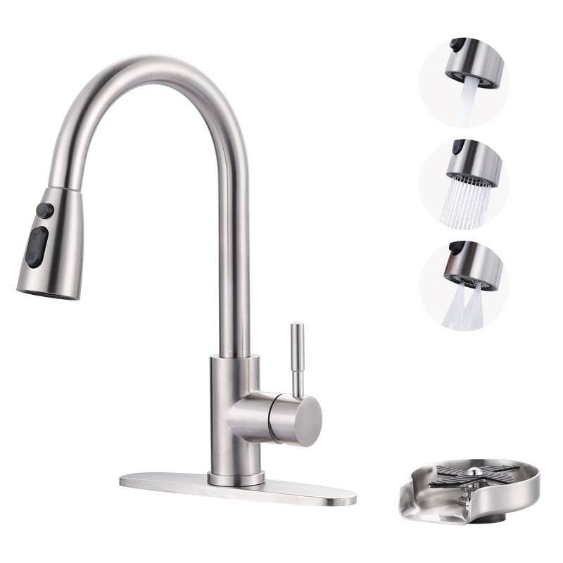 ARCORA Single Handle Stainless Steel Pull-Down Kitchen Faucet with Deckplate and Glass Rinser Combo, Brushed Nickel