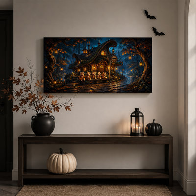 Cinq renards attendant l'autobus devant la Maison Magique pour l'Halloween - Toile murale