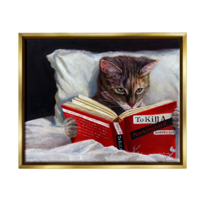 " Cat Reading A Book In Bed Funny Painting " by Lucia Heffernan