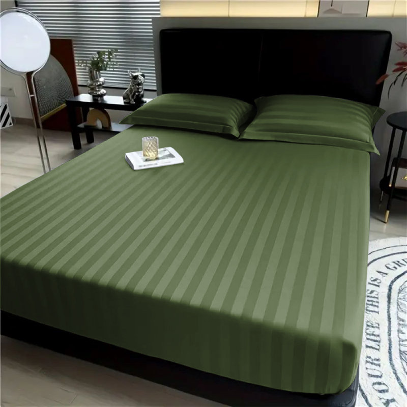 Aspire Homeware Luxury 40cm Deep Striped Fitted Sheet for Hotel Style Bedroom Comfort, Olive Green, Single (3')