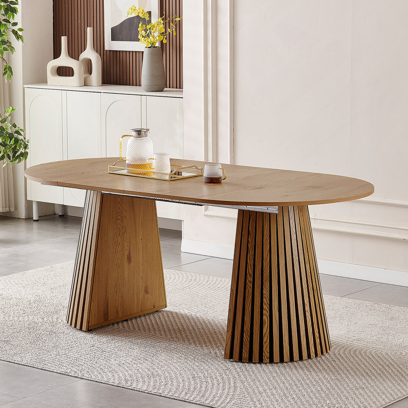 Table de salle à manger en bois, flexible et extensible, multifonctionnelle et peu encombrante, conception ovale tendance et pieds de table à lattes, table de thé ou bureau, belle et pratique