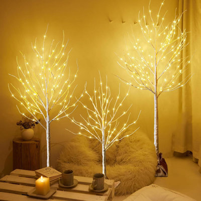 3 Packs Lighted Brich Tree, 4FT 56 LED/5FT 72 LED/6FT 128 LED With Burlap Decor, Warm White Lights, Powered By UL Adaptor, Perfect For Spring Home Centerpiece Party Decor, Indoor&Outdoor
