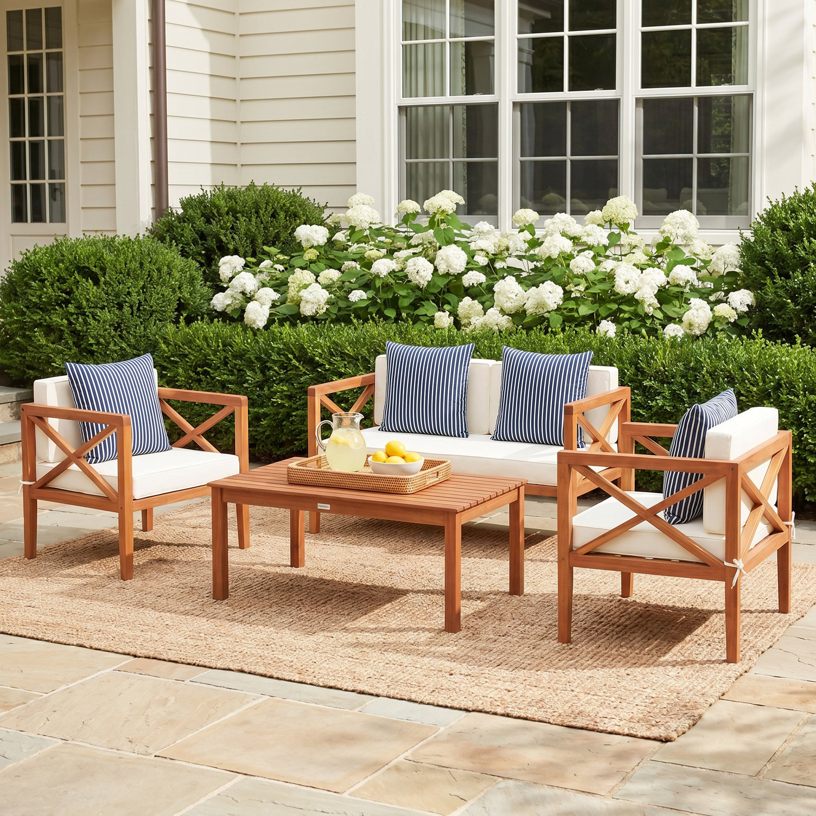 Mondovi 4 - Person Eucalyptus Outdoor Conversation Set, White/Navy Striped, Gray