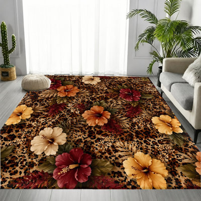 Leopard Print Tropical Hibiscus Floral Area Rug, Vintage Exotic Pattern, Machine Washable Non-Slip Floor Carpet, Artistic Indoor Home Decor for Living Room, Bedroom, Dining Room, Hallway, Apartment