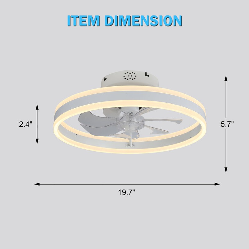 Desnoyer 20" Modern White Flush Mount Ceiling Fan with Lights, 3-Color Dimmable & 6-Speed with Remote & APP Control, Low Profile Enclosed Ceiling Fan Light Fixture for Bedroom Living Room