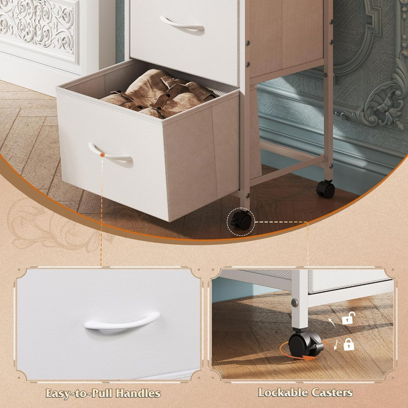 3-Drawer Dresser , Nightstand Cabinet with Wheels, Organizer Storage Dresser for Bedroom, Office, Closets, Sturdy Steel Frame, Easy Pull Handle