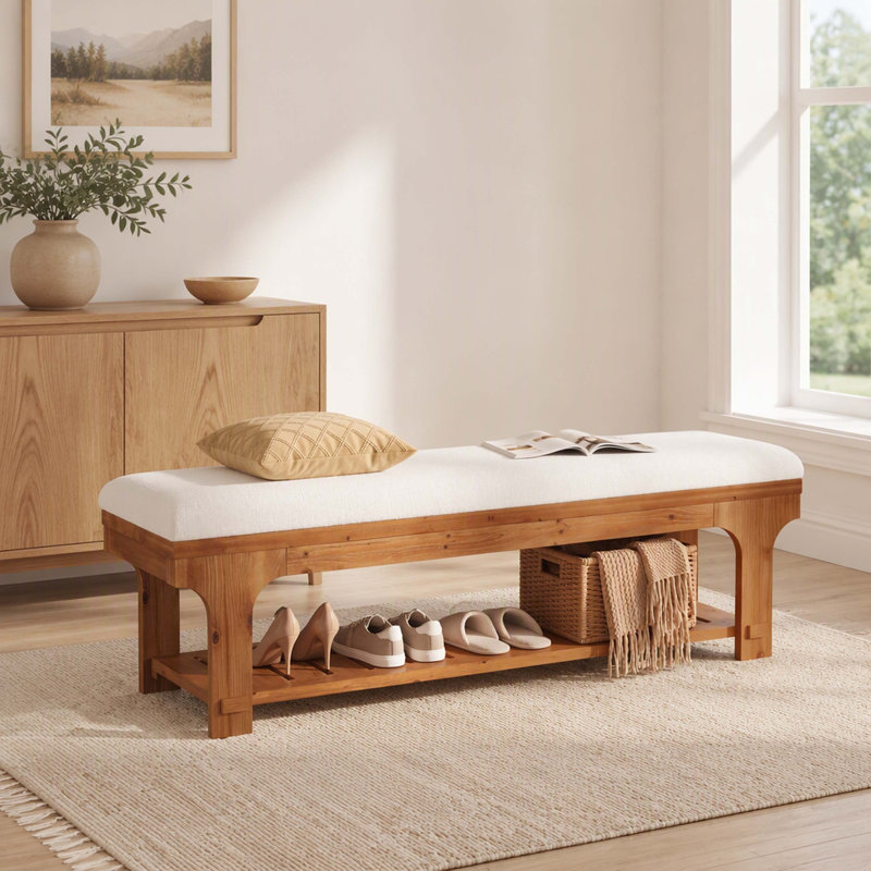 Banc d'entrée rustique en bois massif de 150 cm, banquette rembourrée en tissu bouclé avec étagère à chaussures à lattes