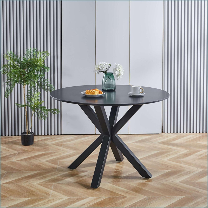 Table basse Mid-Century ronde de 42,1 po pour le salon, plateau en panneau de fibres à densité moyenne noir, pieds robustes en métal, facile à nettoyer et amp; Stable