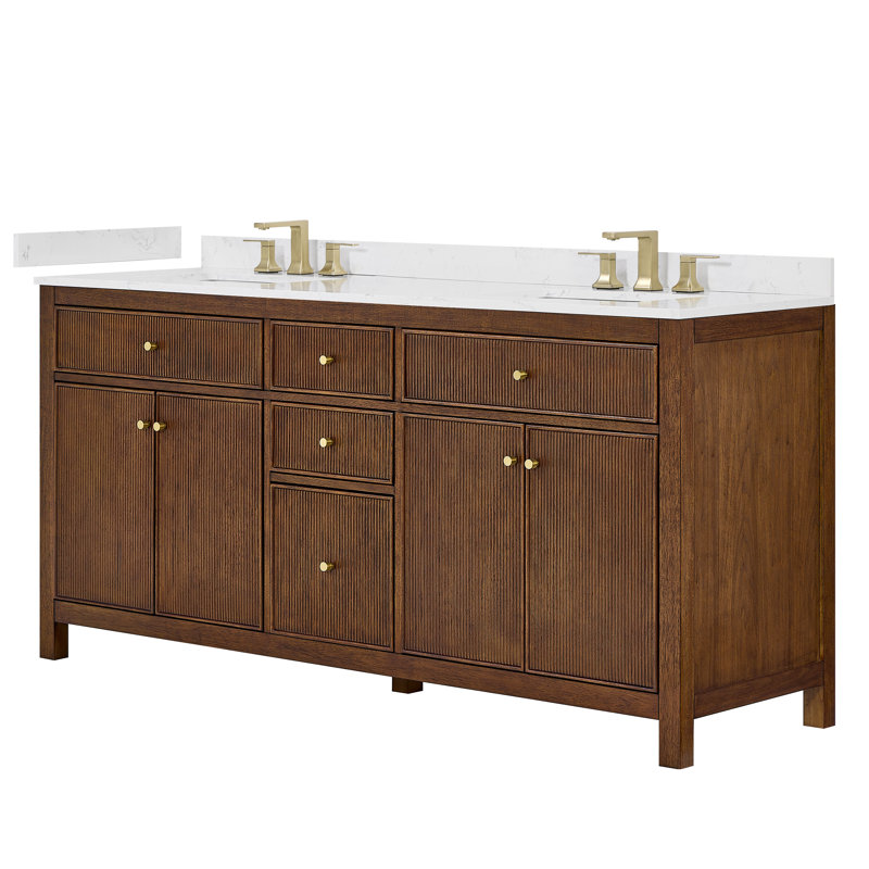 Pendry 72" Freestanding Double Bathroom Vanity with Top, Dark Walnut, Brushed Nickel, White Cultured Marble