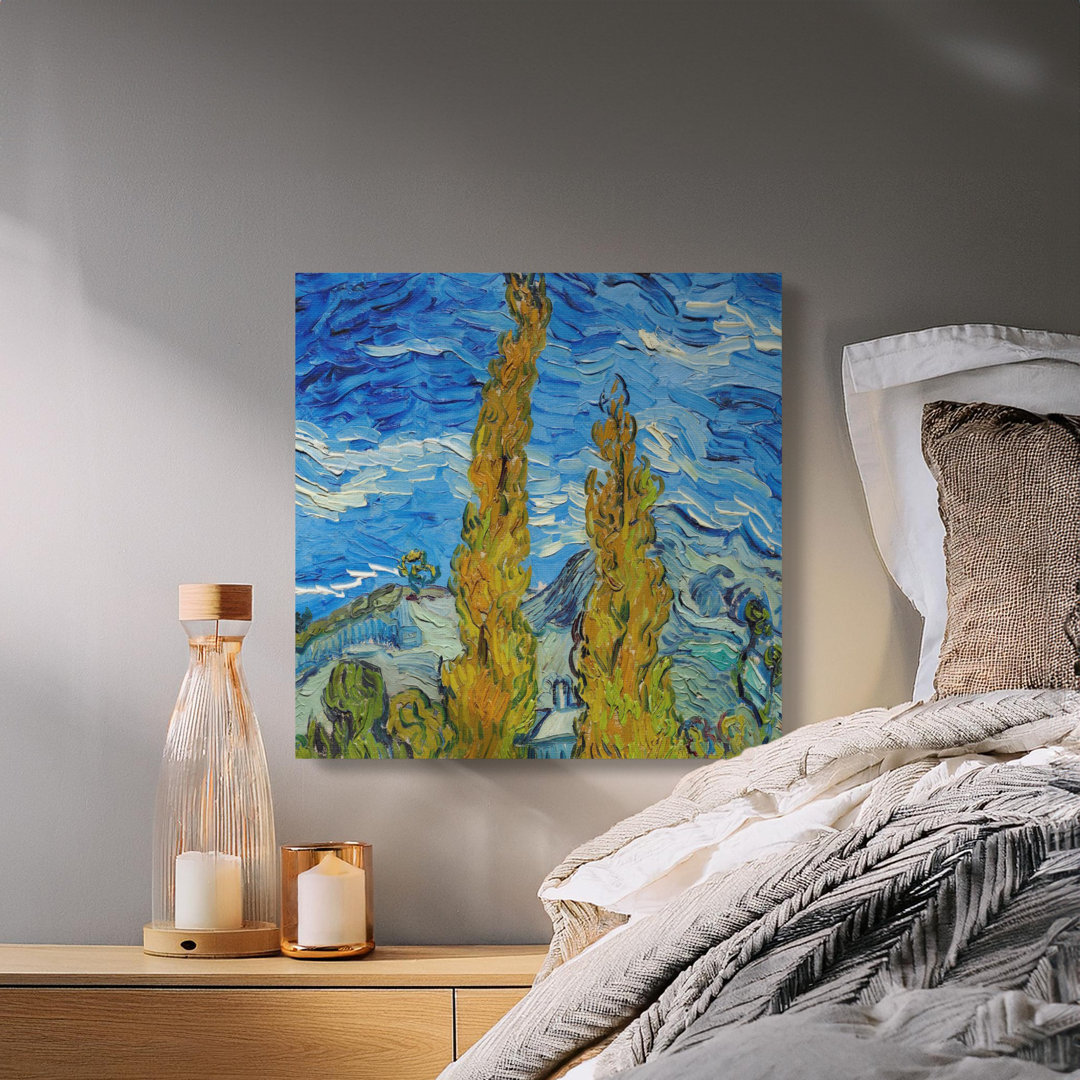 Van Gogh Style Cypress Tree Canvas Art Print, Vibrant Impasto Sky Landscape Wall Decor, Classic Museum Quality Canvas