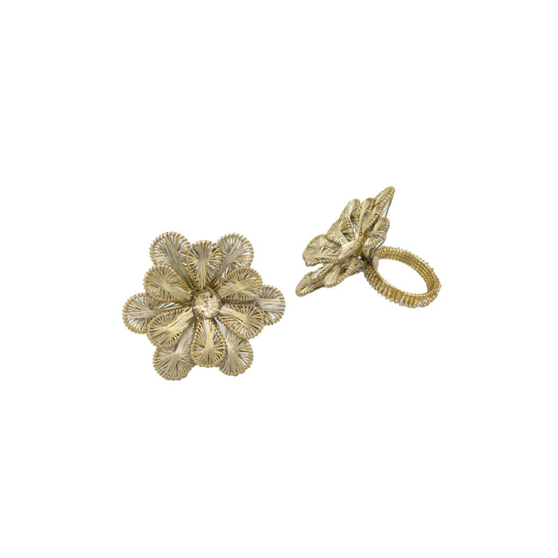 Gold Beaded Flower Design Napkin Rings, Set of 4