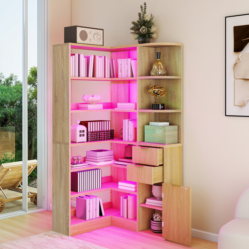  L-Shaped Corner Bookshelf With LED Lights & Drawers