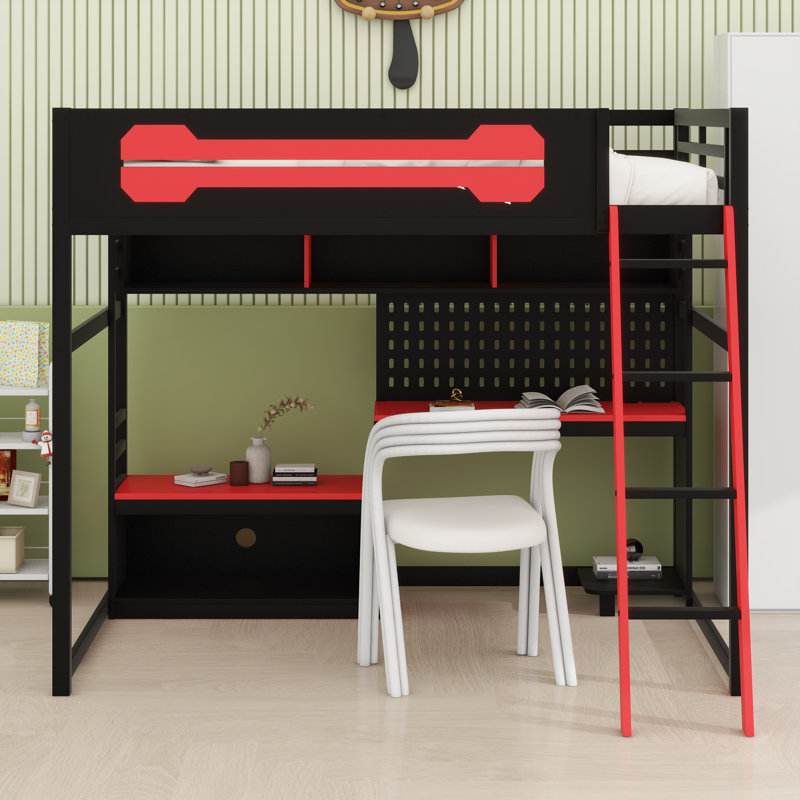 Lit mezzanine en bois avec bureau, Noir / Rouge