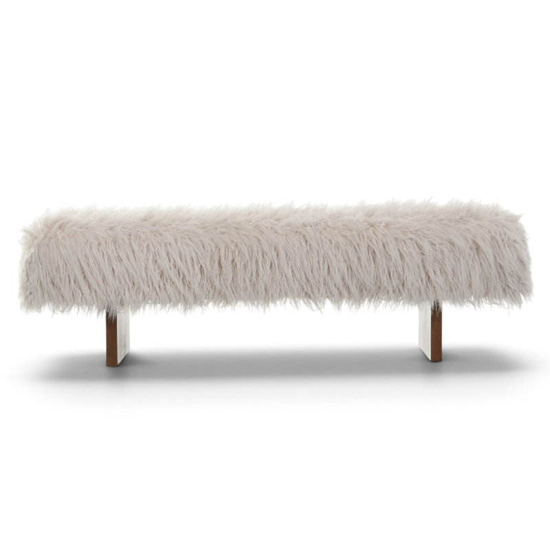 67" Faux Fur Bedroom Bench, Upholstered Long Bench with Solid Rubberwood Legs