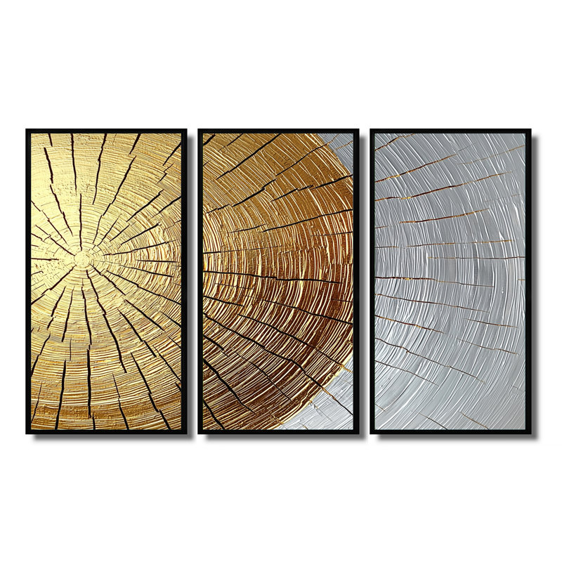 Abstrait glissade en bois doré I - art mural grand forêt - 3 panneaux, H 28 po x l 36 po, Noir