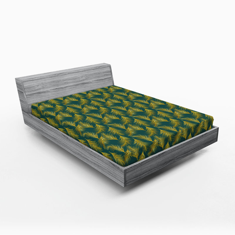 Ambesonne Art Deco Fitted Sheet Feathers Boho Vibe Pattern Full Size Dark Teal and Mustard, California King Fitted Sheet