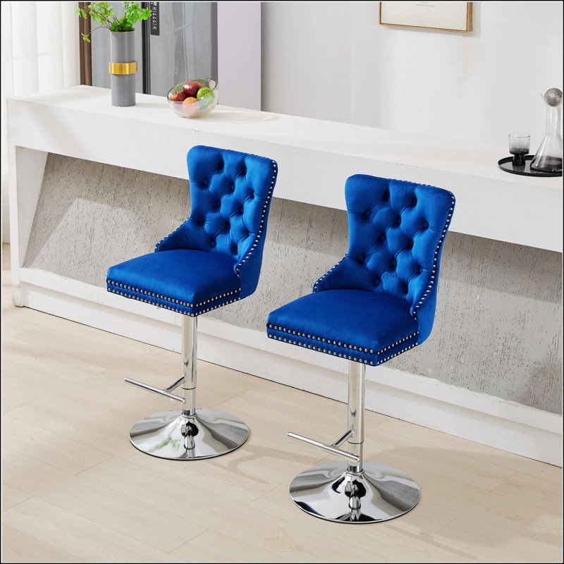 Thick Chrome Swivel Velvet Barstools, Adjustable Height