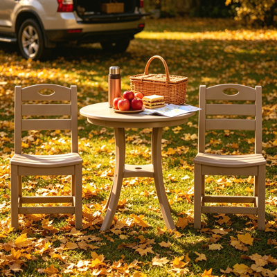 Ensemble bistro 3 pièces en PEHD brun antique, ensemble de conversation d'extérieur décontracté pour 2 personnes avec table ronde et 2 chaises, mobilier de patio complet résistant aux intempéries pour terrasse de jardin