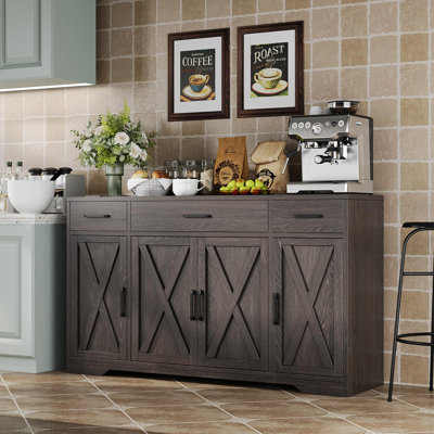 Buffet 55 po Farmed Buffet - Plateau de cuisine en bois, 3 tiroirs et 4 portes avec tablettes réglables, console de rangement pour la salle à manger / salon / couloir - gris 5289