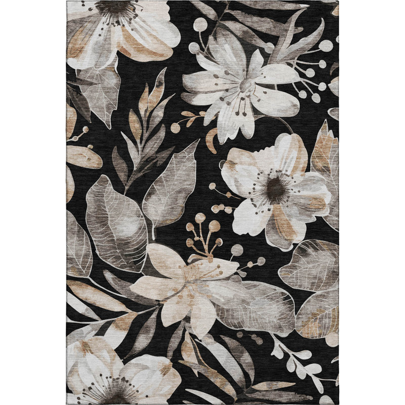 Premium Machine Washable Mayfield AMF2260 Floral Rug, 5' x 7'6", Black