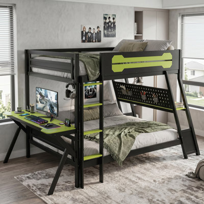 Full Size Multi-Functional Bunk Bed  In Green With Two Built-In Gaming Desks｜USB Desktop Ports & Pegboard Organizer ｜ Dual Built-In Independent Gaming Desks｜Organized Gaming Setup