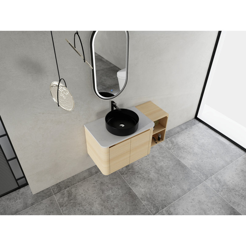 Meuble-lavabo mural de 42 po avec lavabo d'art en céramique, 1 tablette de rangement et 45 poignées cachées Fonctionnalité unique 2 portes à fermeture douce, matériau d'eau idéal pour les salles de bain humides