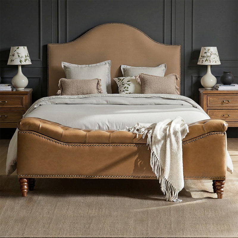 Zona 59"W Traditional Faux Leather Tufted Upholstered Storage Bench with Soild Wood Legs and Nailhead Trim, Camel