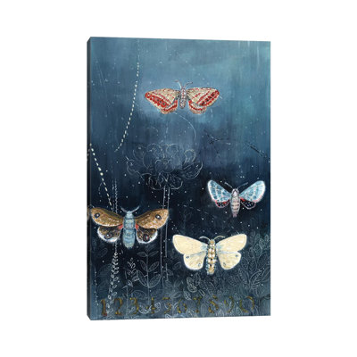 Night Moths On Blue by Miri Eshet - Print on Canvas