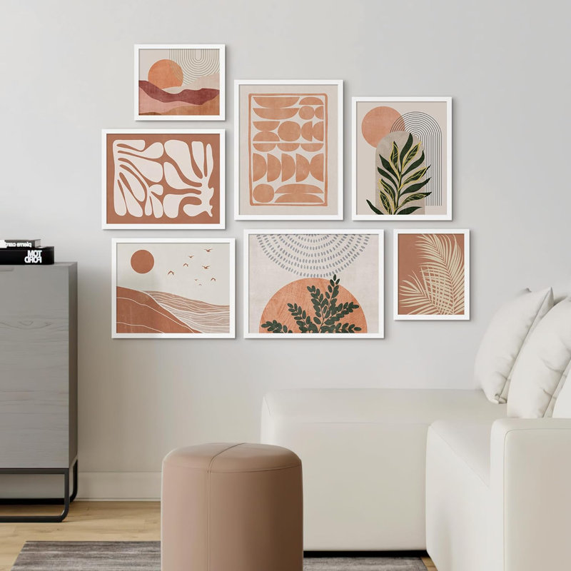 «Mid-Century Palm Leaf Geometric Landscape», art boho abstrait pour le salon, la chambre à coucher, le bureau, impression encadrée sur papier, 7 pièces