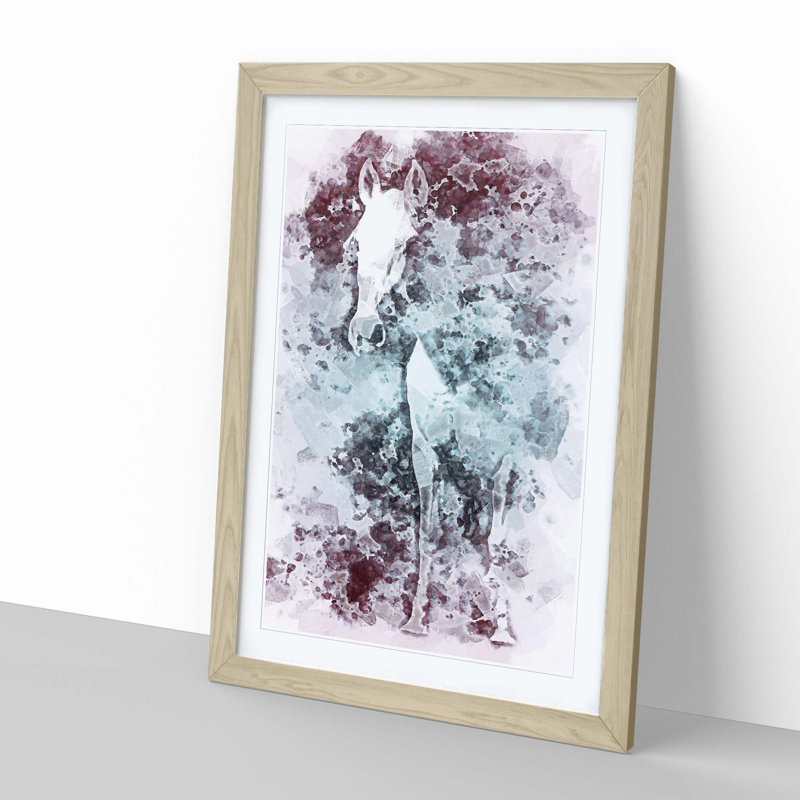 White Horse in the Clouds in Abstract - Picture Frame Painting Print, 60cm H x 40cm W x 2cm D, Oak