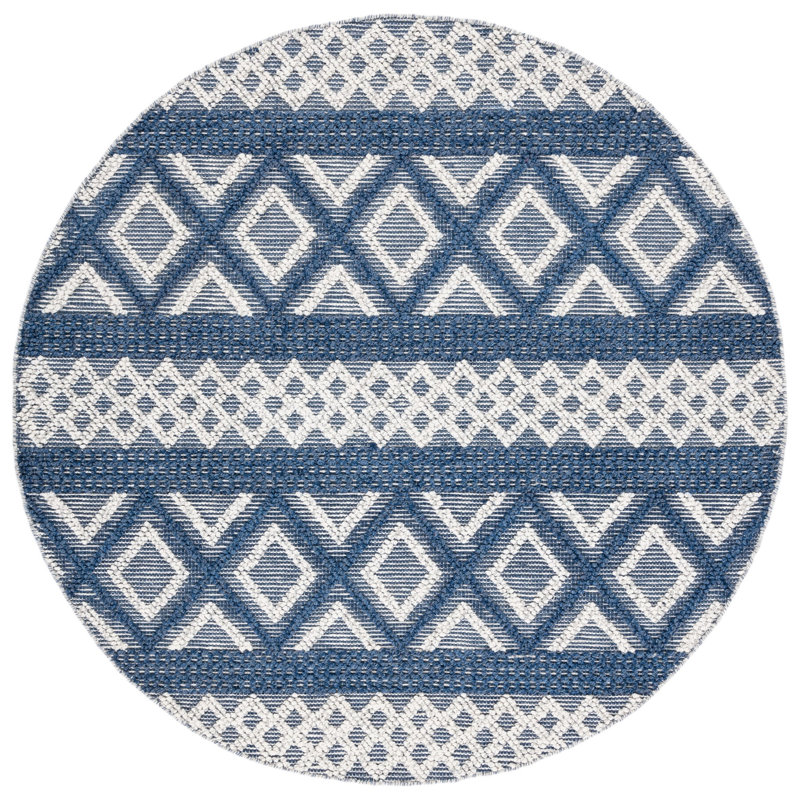 Vermont Hand Woven Wool/Cotton Geometric Rug in Ivory/Blue, Round 6'