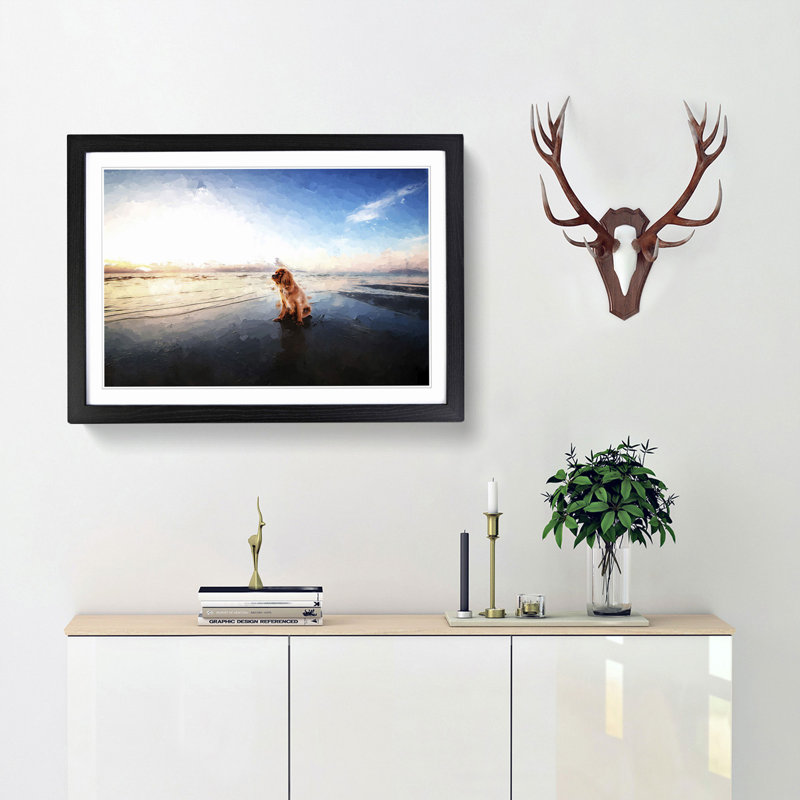 King Charles Spaniel upon the Beach in Abstract - Framed Print, Black, 35cm H x 50cm W x 2cm D