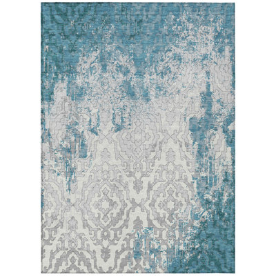 5' X 8' Teal Blue Gray And Ivory Medallion Washable Indoor Outdoor Area Rug