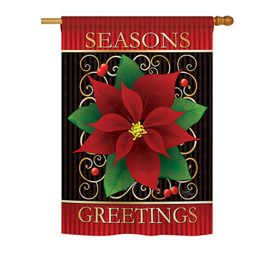 Drapeau de maison en polyester 2 côtés poinsettia seasons greetings