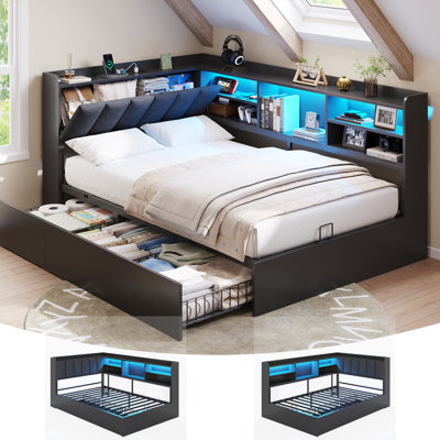 Twin Size Corner Beds with Bookcase and Headboard Hidden Storage, Twin Daybed with 3 Drawers, LED Lights and Charging Station, LED Upholstered Platform Bed Frames for Bedroom, Saving Space, Gray