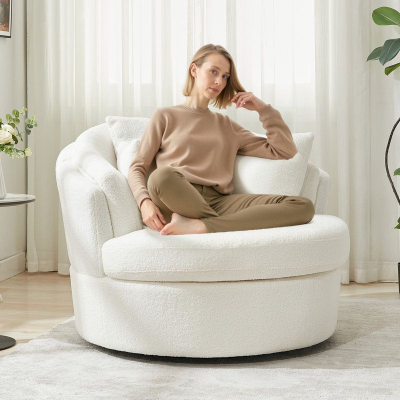 43.3" W Oversized Upholstered Swivel Barrel Chair, White Boucle