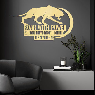 Tigre, art mural en métal, Roar avec signe de travail et de vie conquérant, décoration de bureau de motivation, art mural inspirant de gymnastique, amoureux des animaux