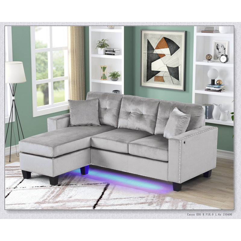 74"W Gray Velvet Reversible Sectional Sofa Chaise With LED Light, USB Port, Nailhead Trim, Throw Pillows, Tufted Cushion
