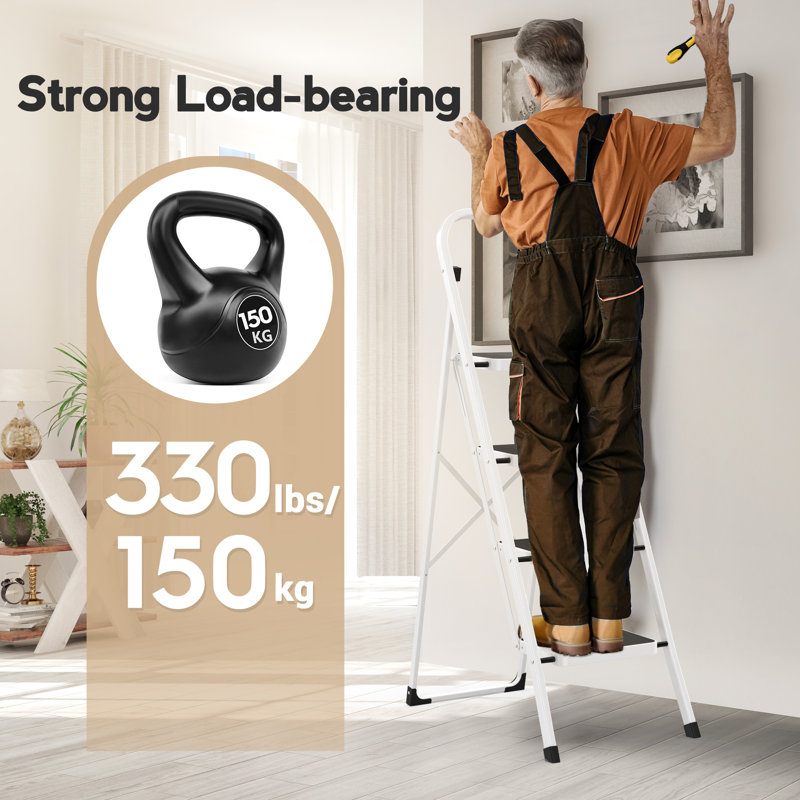 4 Step Folding Ladder, Lightweight Portable Stepladder with Anti-Slip Pedal, Ladders with Convenient Handrails,330 lbs Capacity Step Stool for Kitchen, Home, White