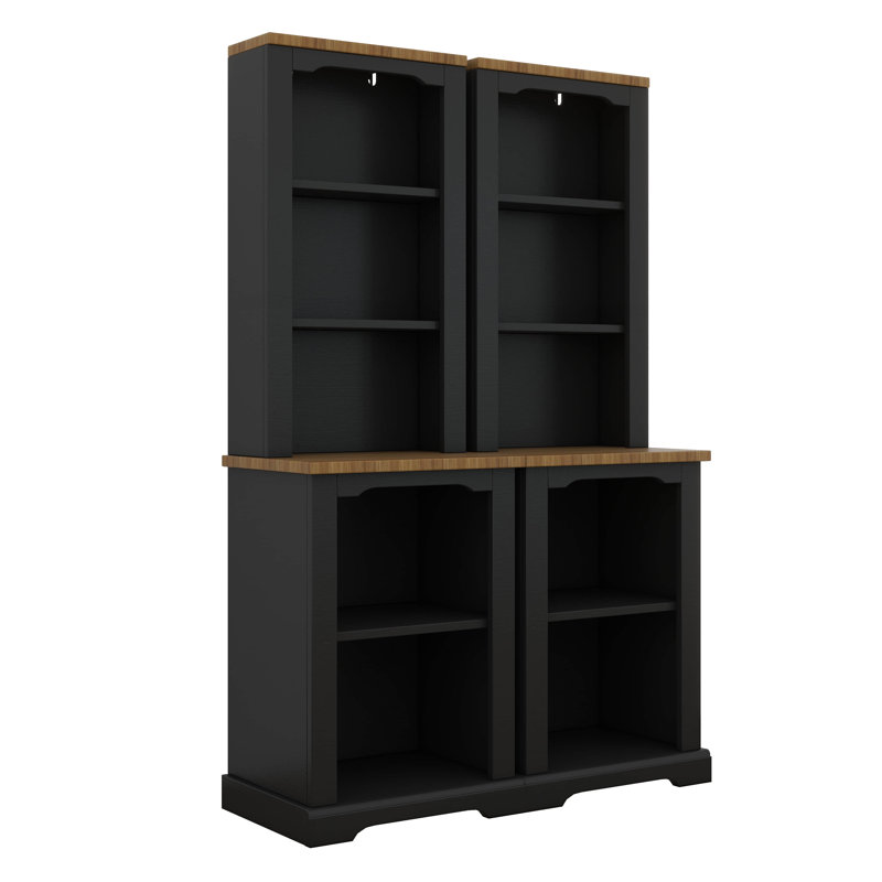 Two-Piece Freestanding Tall Cabinet With Fully Open Storage, Walnut Element Bookshelves With Curved Design, Black