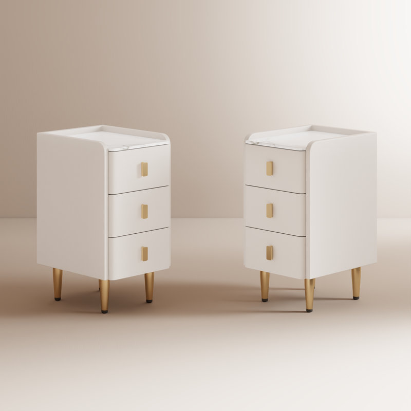 Set of 2 Solid Wood Core Nightstands with Faux Leather Upholstery & Sintered Stone Top, White