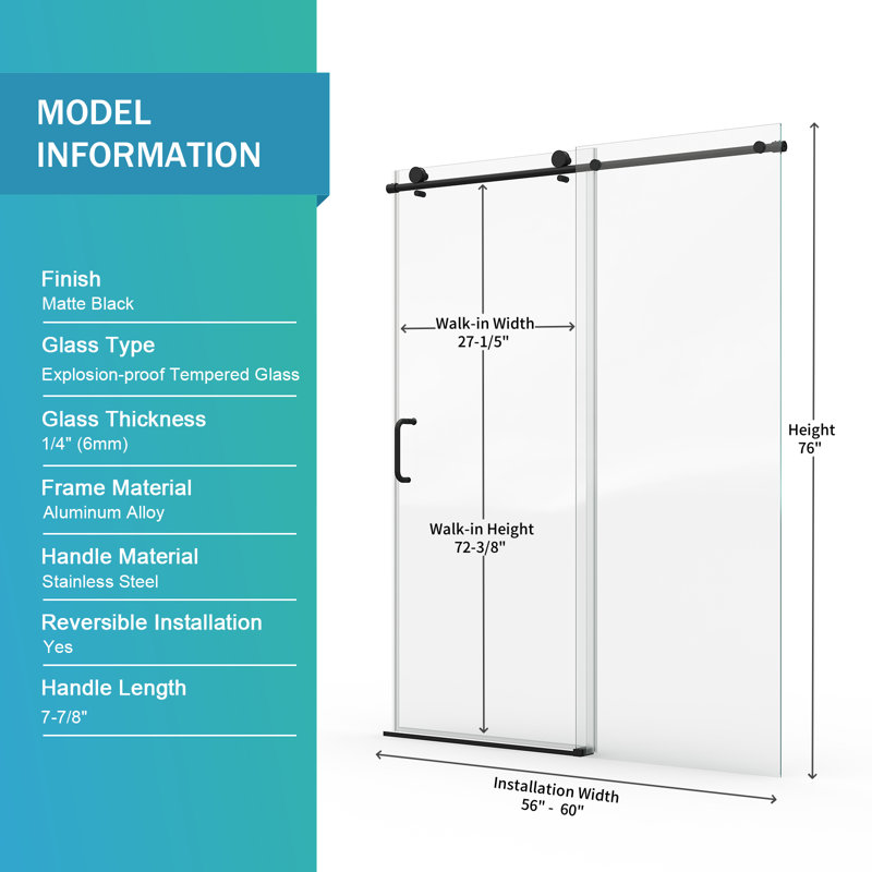 56" - 60" W X 76" H Single Sliding Shower Door, Frameless Bathroom Sliding Door With 1/4" (6Mm) Tempered Glass For Walk-In Shower, Matte Black GF-25D06-60MBX
