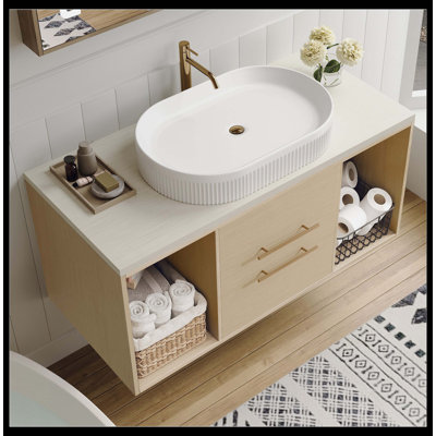 Meuble-lavabo mural moderne 39,3 po avec lavabo ovale en céramique, armoire flottante en bois massif avec tiroirs à fermeture en douceur et rangement ouvert