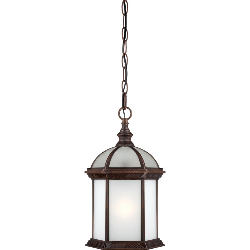Lanterne suspendue d'extérieur 1 ampoule H 13,75 po Quonset, Bronze rustique / biseauté givré, T3 Mini spirale